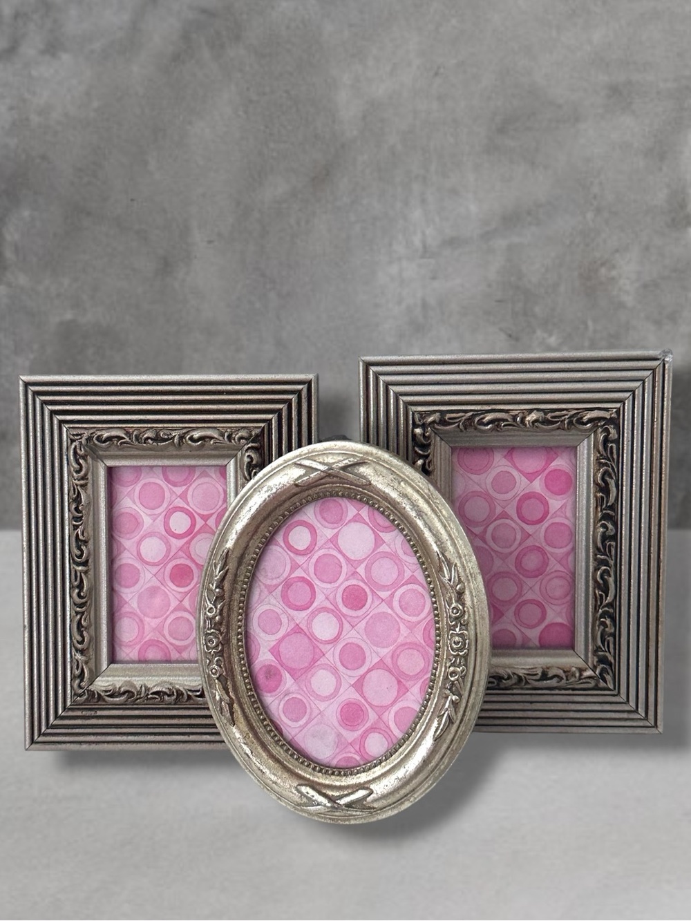 3 Vintage MINI Ornate ACRYLIC WOOD Oval Picture Frame Silver 2.5x3.5 2x3